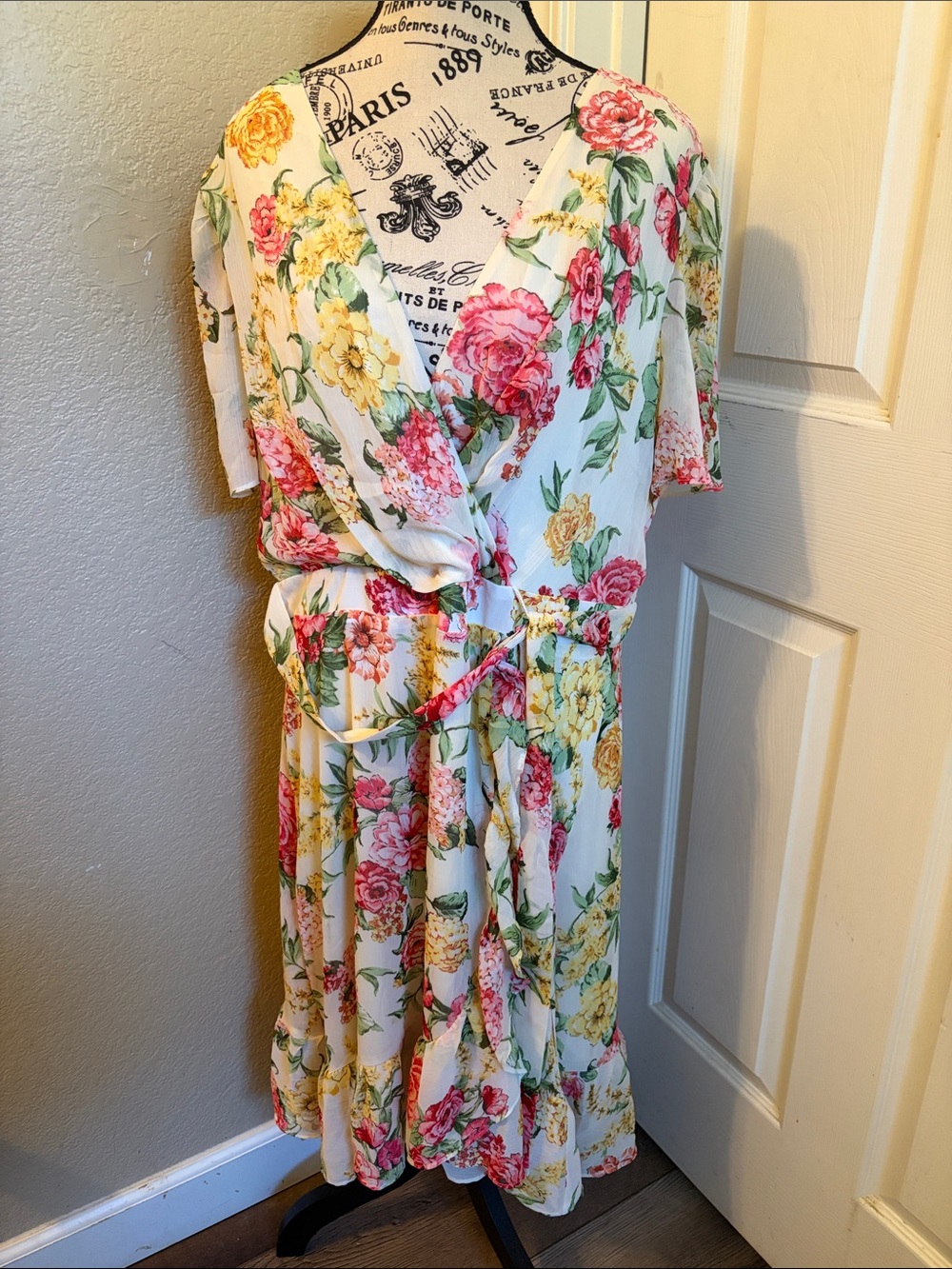 London Times Cream Floral Wrap Dress with Pink and Yellow Blooms